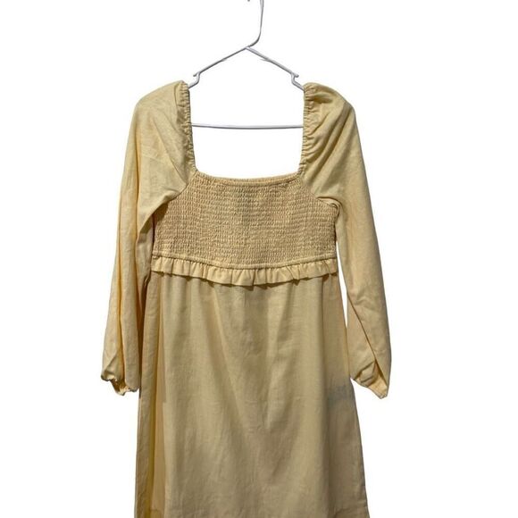7 For All Mankind Puff Sleeves Smocked Linen Midi Dress Pastel Yellow Small NWT - Picture 2 of 13